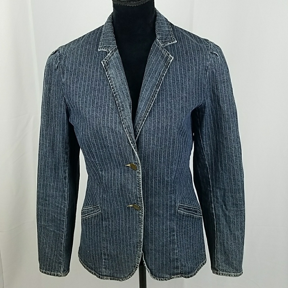 New York and Company women S striped jeans jacket blazer blue long sleeve grunge